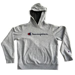 Champion Heather Gray Embroidered‎ Front & Sleeve Pullover Hoodie Drawstring XL